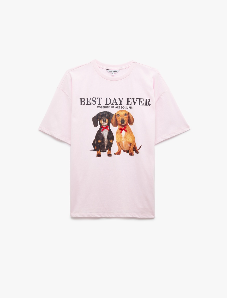   Kısa Kollu Bisiklet Yaka Pamuklu Köpek Baskılı Oversize Tişört