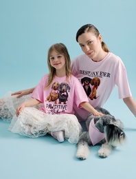 Kısa Kollu Bisiklet Yaka Pamuklu Köpek Baskılı Oversize Tişört