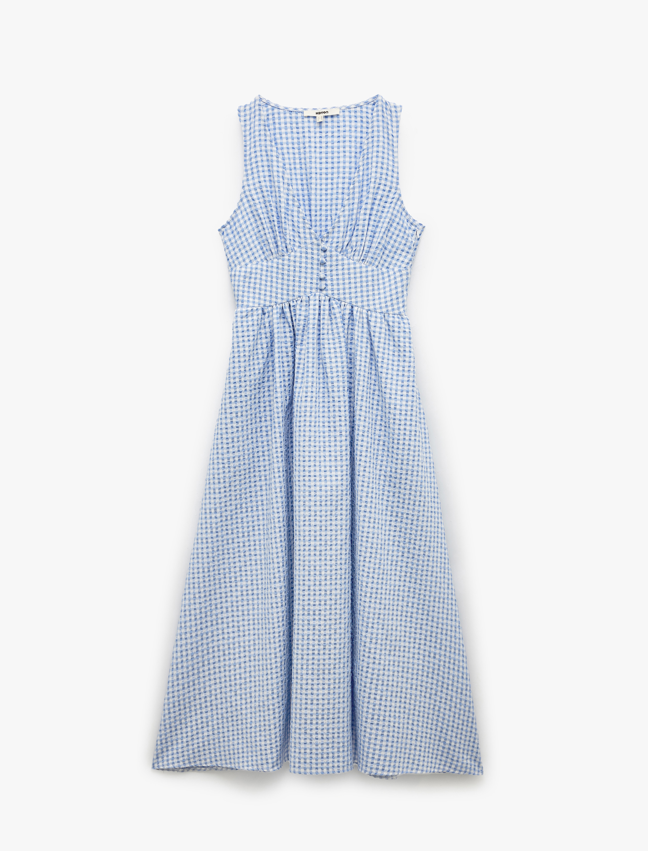   Düğmeli Kolsuz Pötikare Desenli V Yaka Uzun Elbise