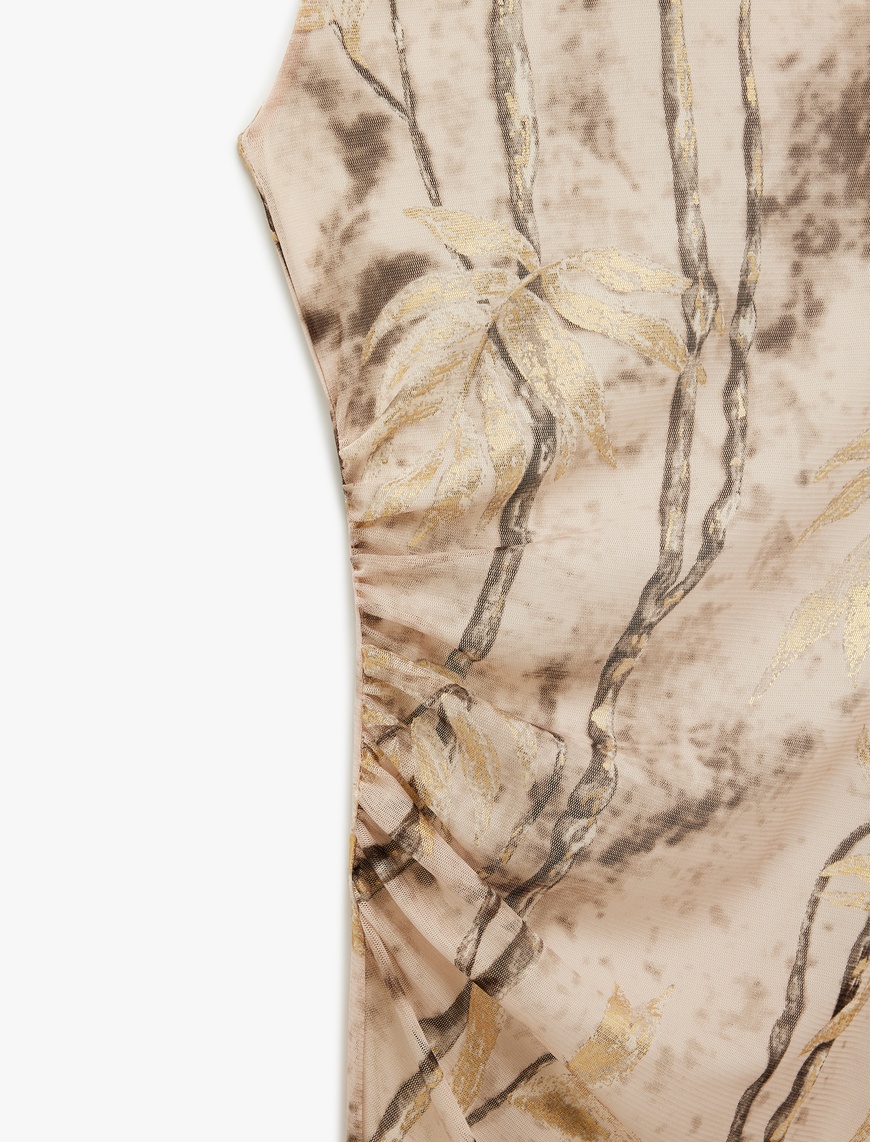   Kolsuz Bisiklet Yaka Drape Detaylı Desenli Bodycon Uzun Kalem Elbise