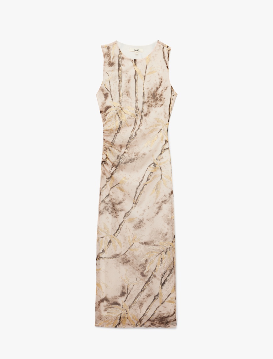   Kolsuz Bisiklet Yaka Drape Detaylı Desenli Bodycon Uzun Kalem Elbise