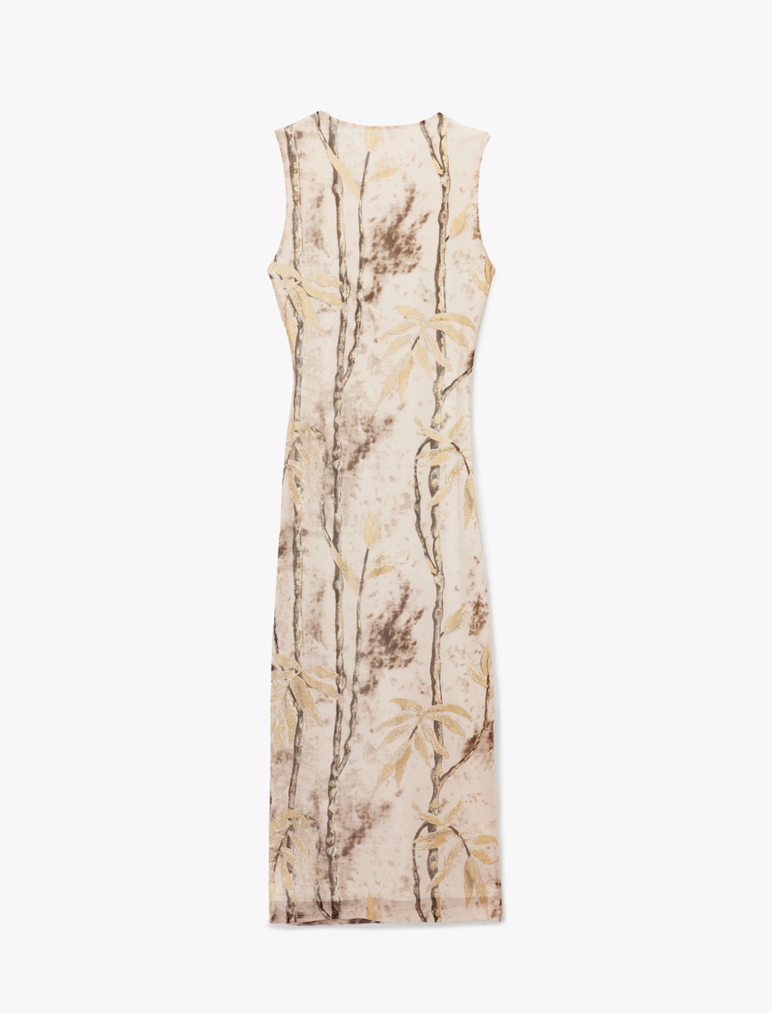   Kolsuz Bisiklet Yaka Drape Detaylı Desenli Bodycon Uzun Kalem Elbise