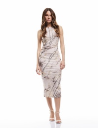 Kolsuz Bisiklet Yaka Drape Detaylı Desenli Bodycon Uzun Kalem Elbise