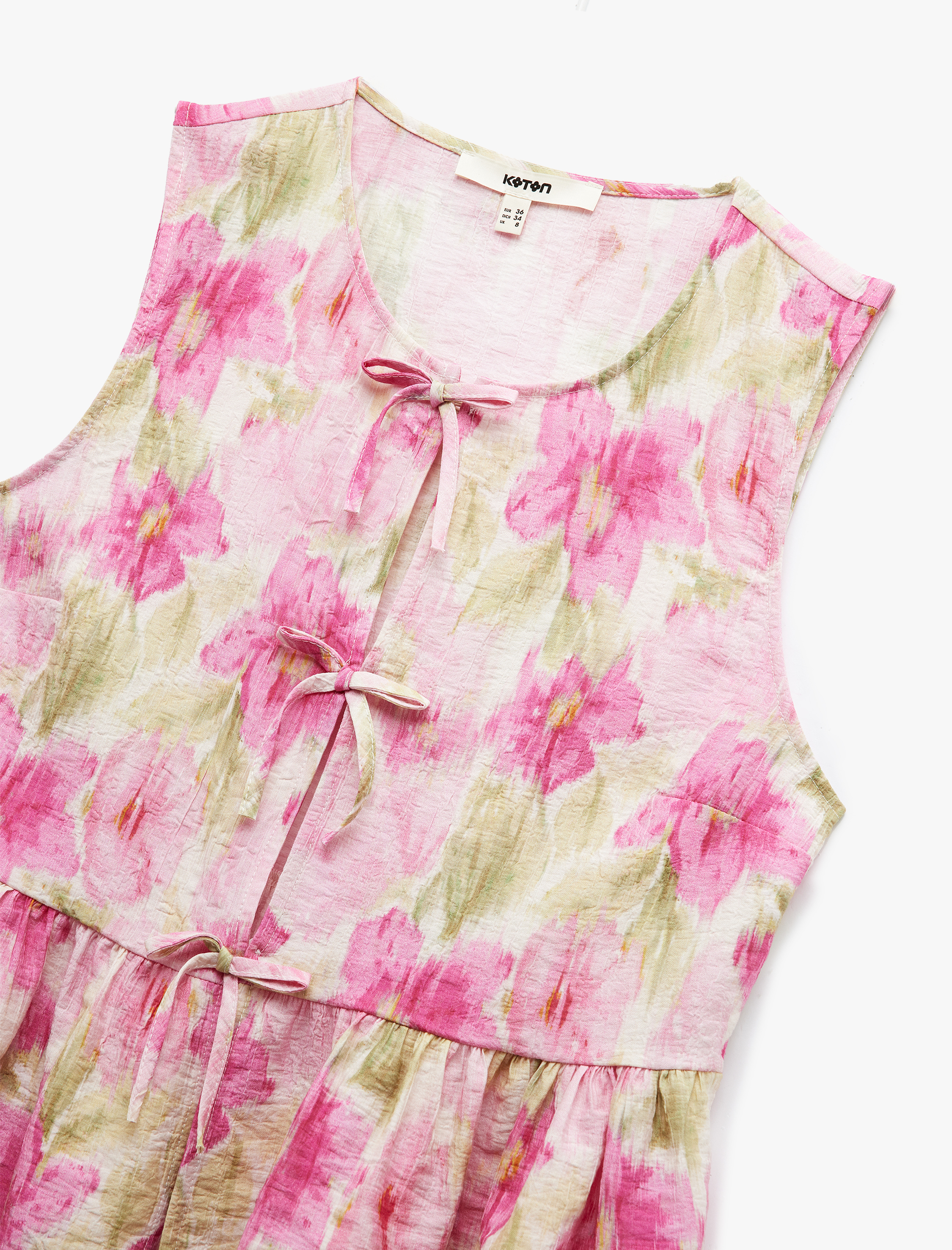   Önü Bağlamalı Fiyonklu Bisiklet Yaka Viskon Kolsuz Çiçekli Bluz