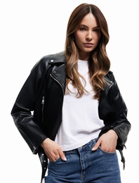 Cepli Uzun Kollu Fermuarlı Kruvaze Suni Deri Biker Ceket