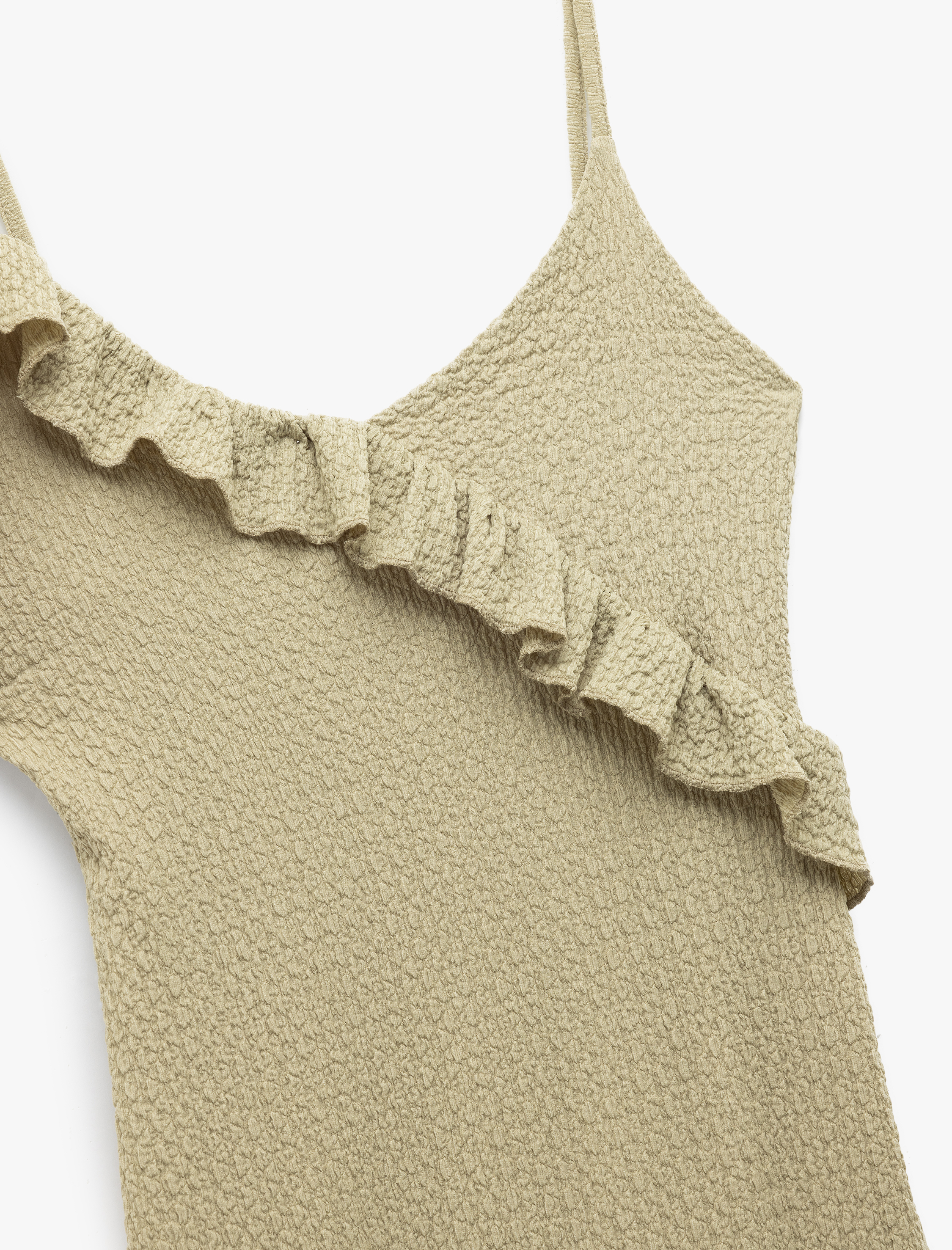   Bürümcük Kumaş Astarlı Fırfır Detaylı Midi Boy Askılı Kalem Elbise