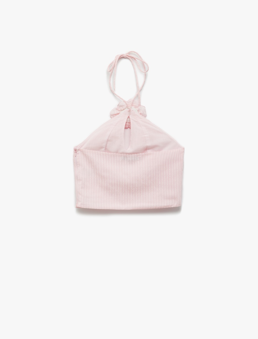   Koton X Sibil Çetinkaya -  Astarlı Çiçek Aplike Detaylı Fırfırlı Halter Yaka Crop Şifon Bluz