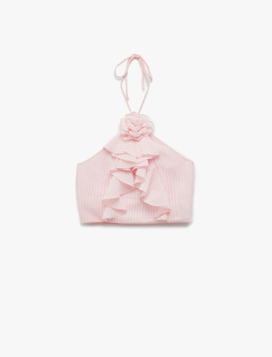   Koton X Sibil Çetinkaya -  Astarlı Çiçek Aplike Detaylı Fırfırlı Halter Yaka Crop Şifon Bluz