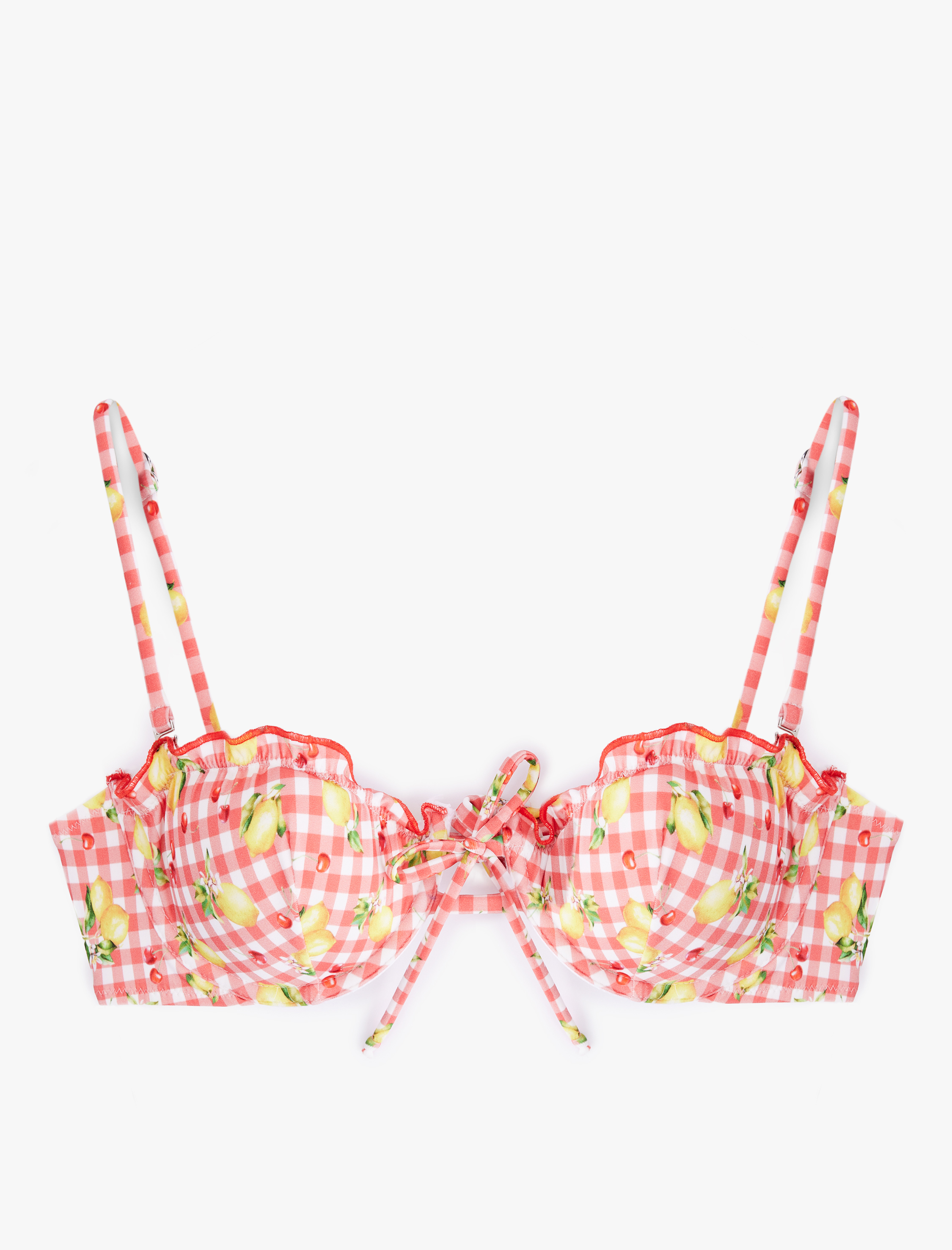   Koton X Sibil Çetinkaya - Pötikareli Limon-Kiraz Baskılı Fırfırlı Balenli Bikini Üstü