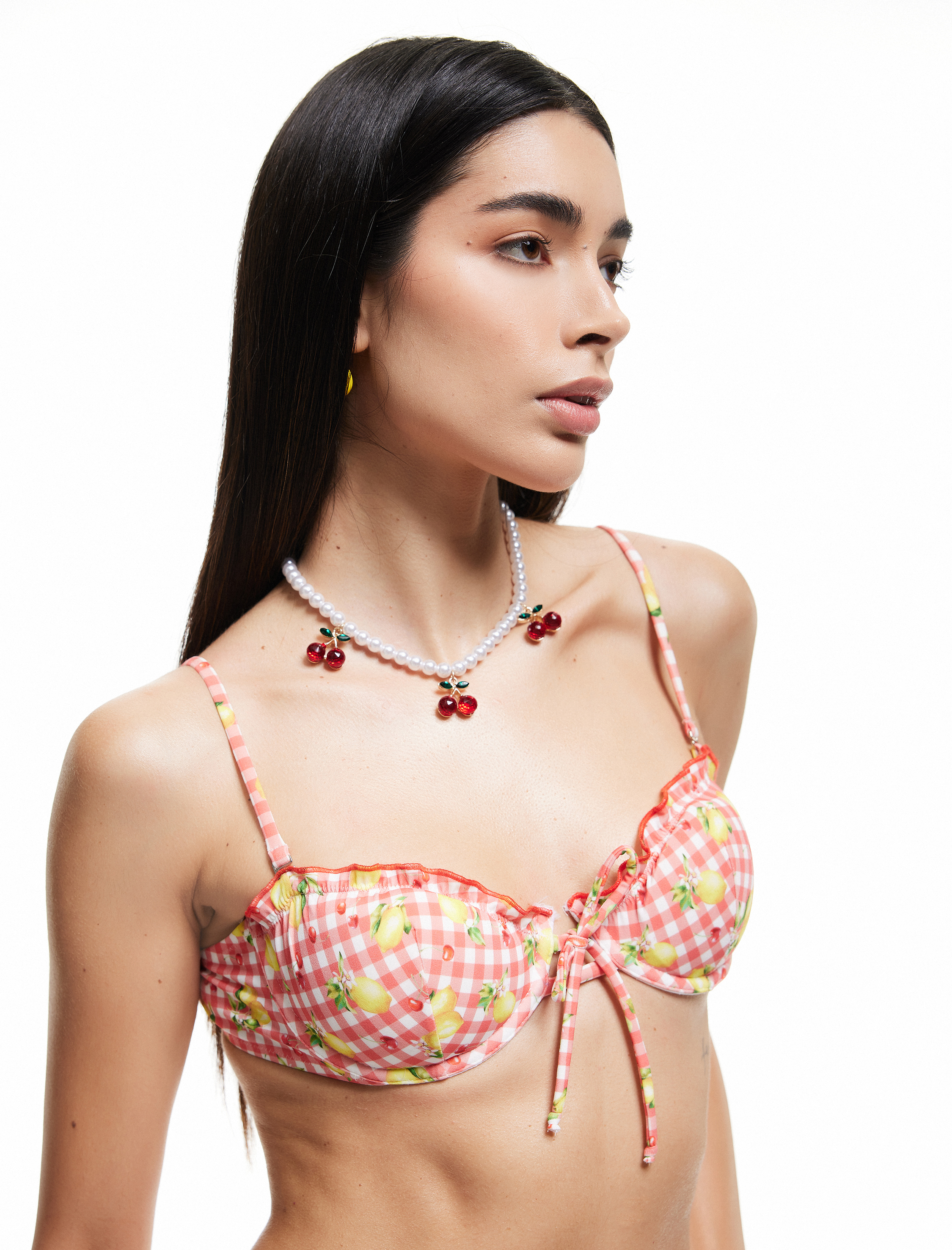   Koton X Sibil Çetinkaya - Pötikareli Limon-Kiraz Baskılı Fırfırlı Balenli Bikini Üstü