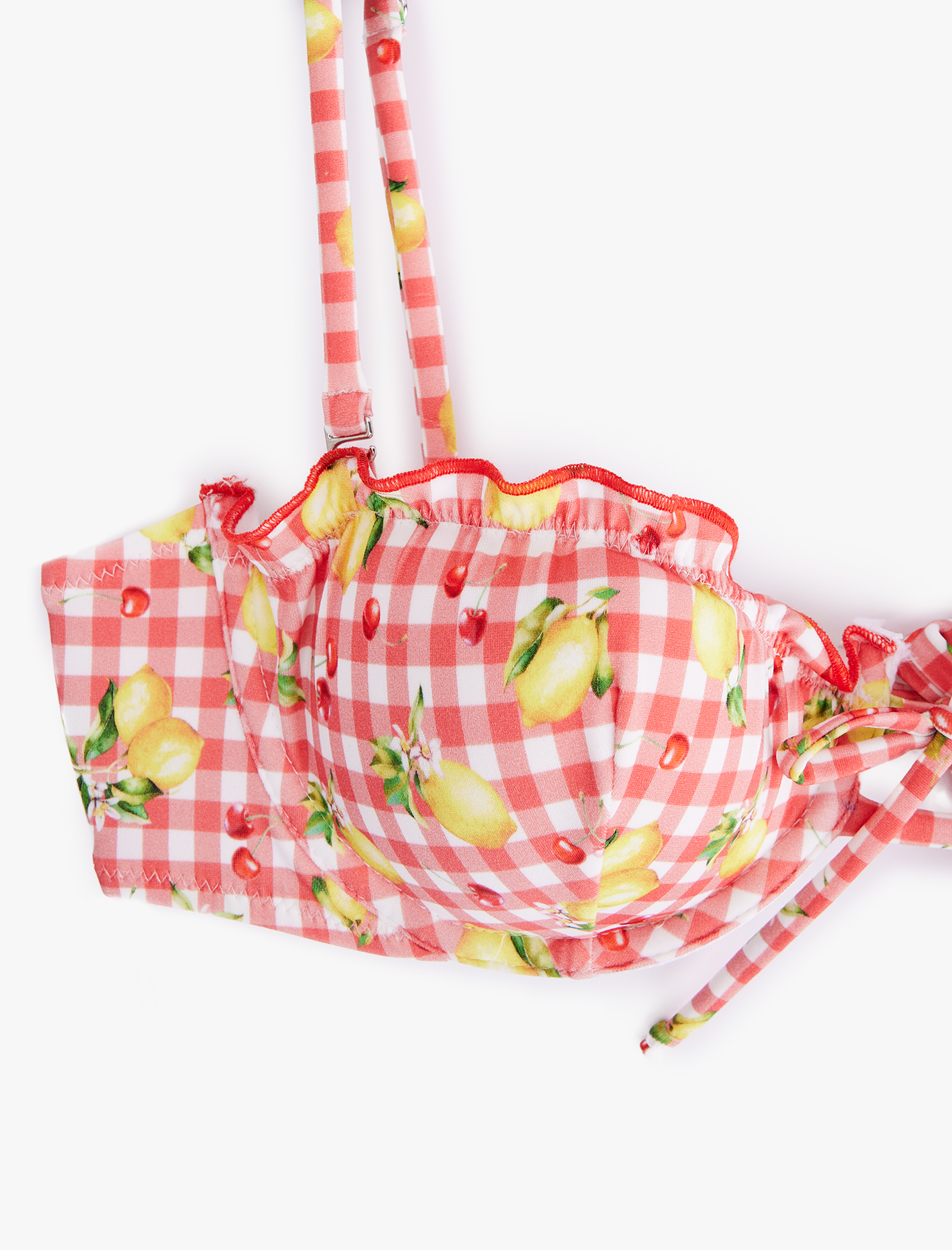   Koton X Sibil Çetinkaya - Pötikareli Limon-Kiraz Baskılı Fırfırlı Balenli Bikini Üstü