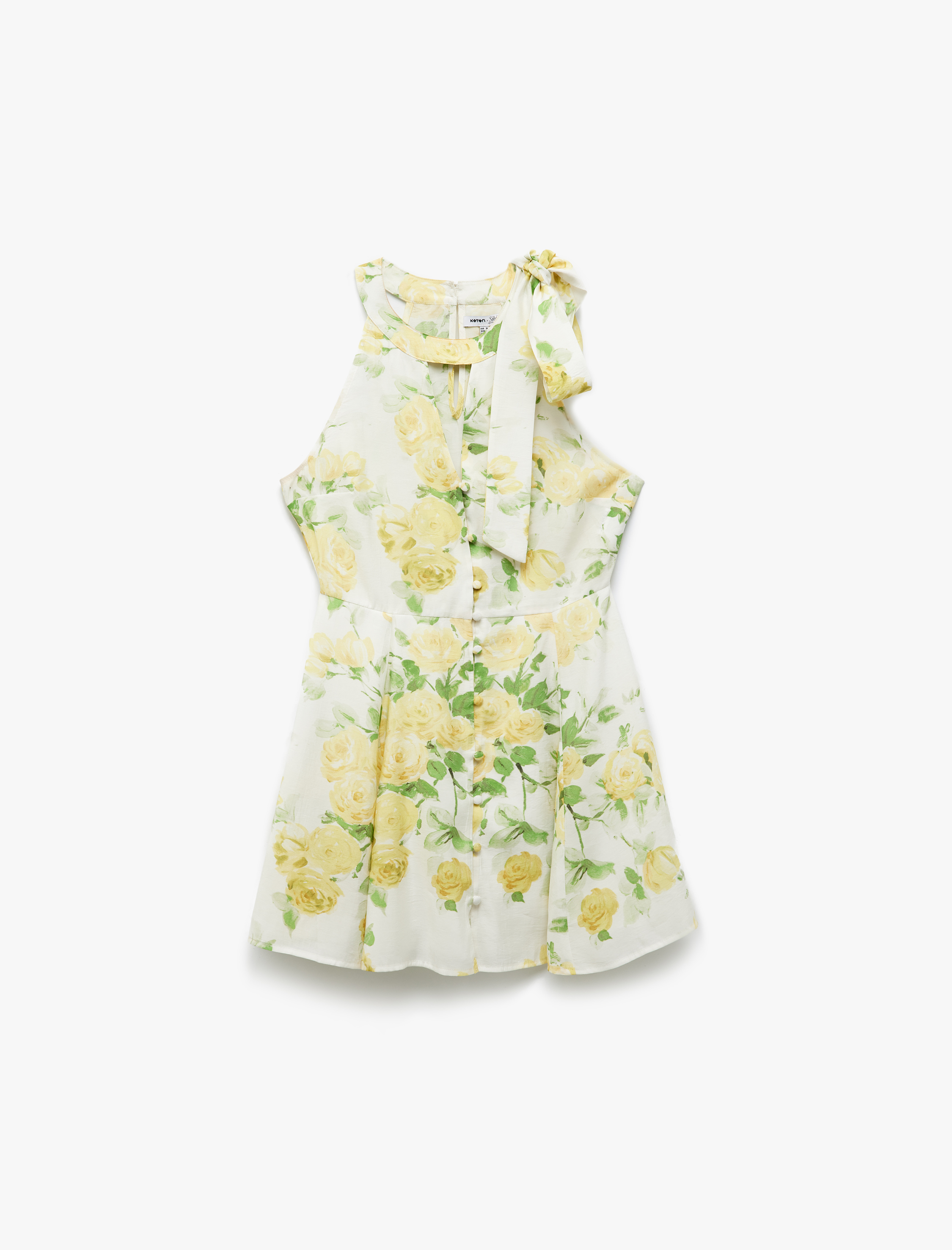   Koton X Sibil Çetinkaya - Astarlı Bağlamalı Yaka Kolsuz A Kesim Mini Çiçekli Elbise