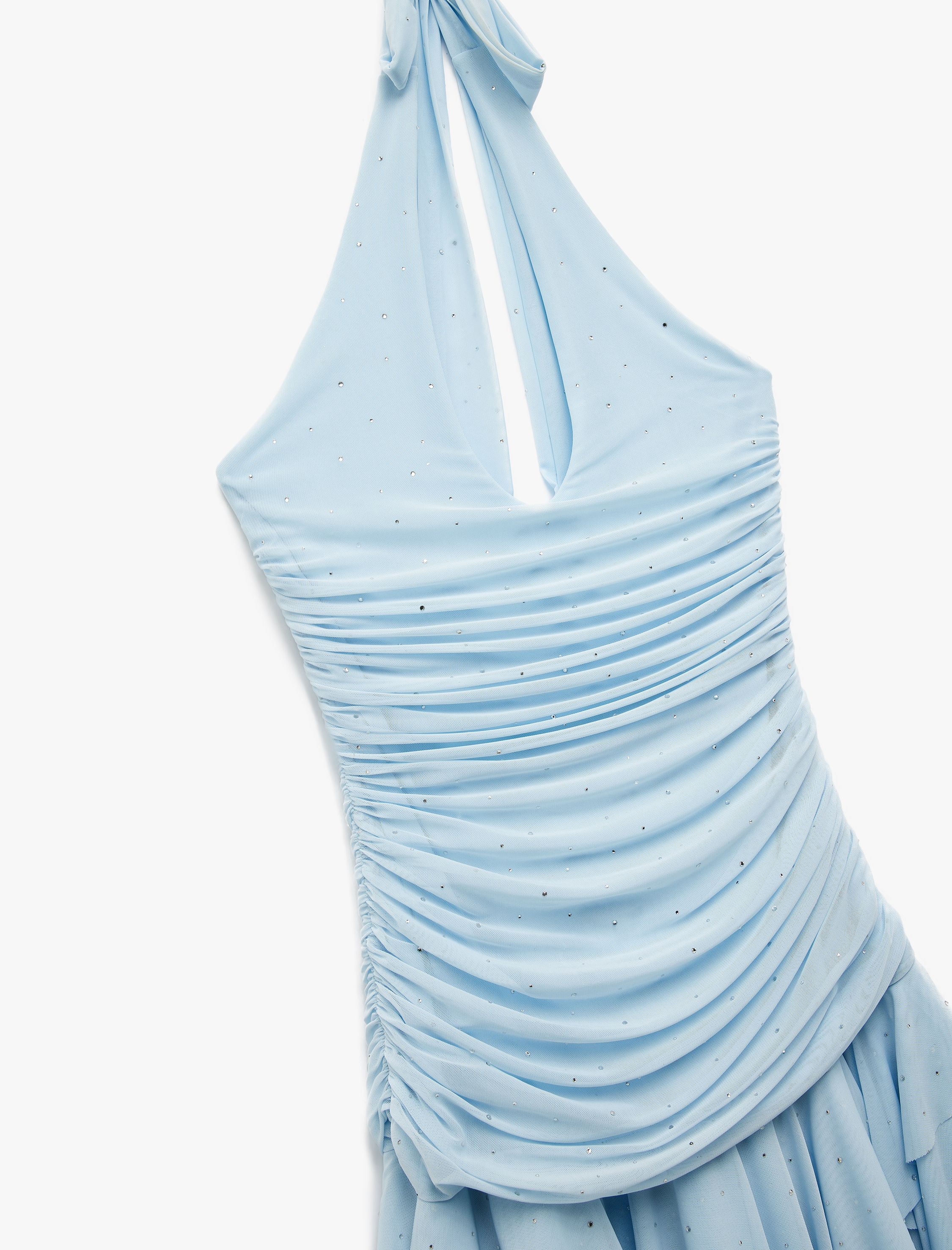   Koton X Sibil Çetinkaya - Boyundan Bağlamalı Drapeli Asimetrik Volanlı Taşlı V Yaka Mini Tül Abiye Elbise