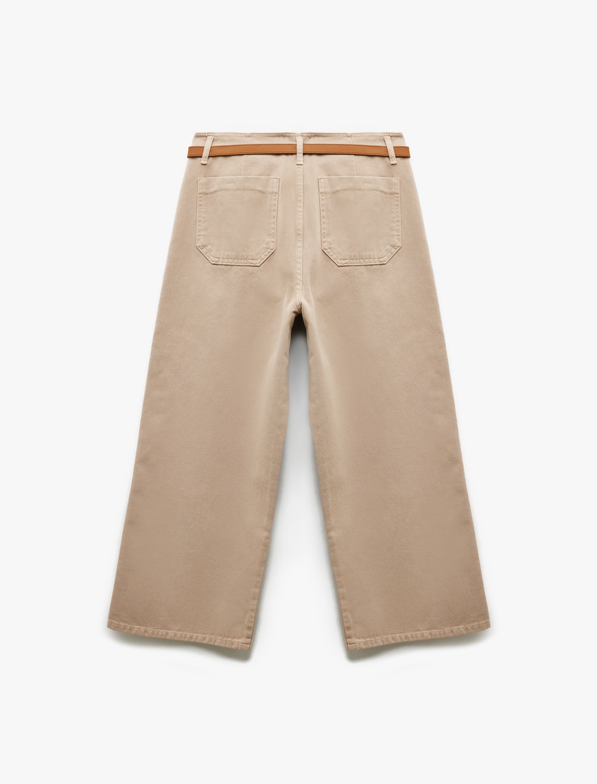   Düğmeli Kesik Geniş Paça Kemerli Pantolon - Wide Leg Jeans