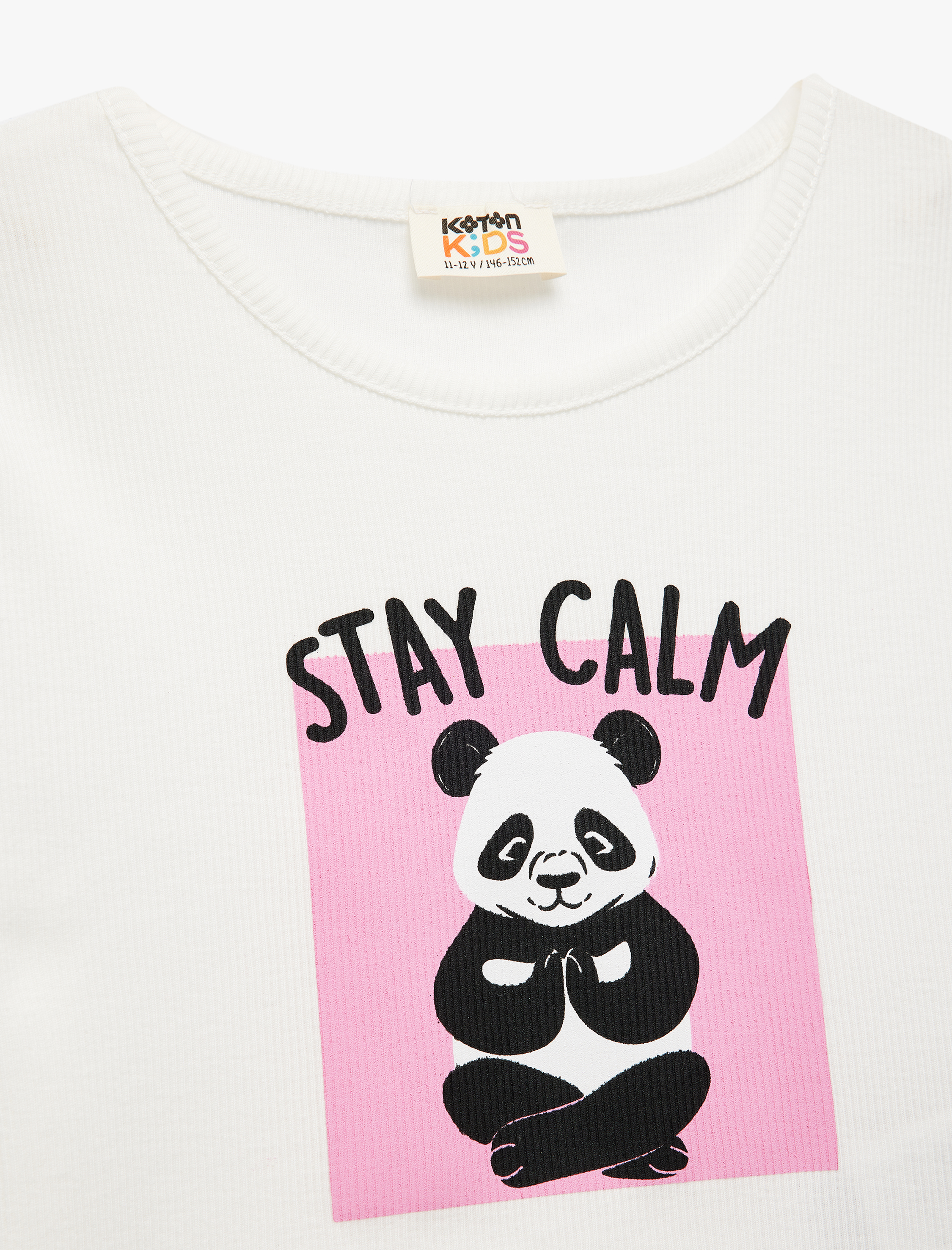  Kız Çocuk Pamuklu Panda Baskılı Bisiklet Yaka Kısa Kollu Crop Tişört