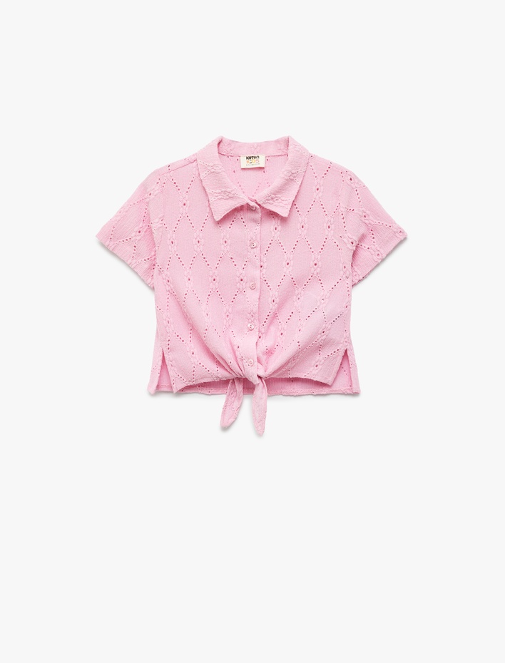 Kız Çocuk Kısa Kollu Bağlama Detaylı Gömlek Yaka Brodeli Bluz
