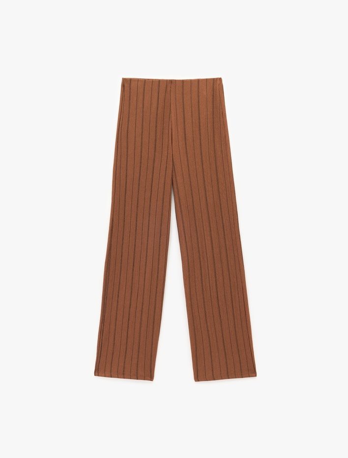  Beli Lastikli Yüksek Bel Çizgili Bürümcük Geniş Paça Pantolon
