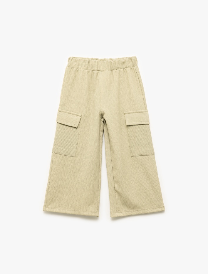 Kız Bebek Bürümcük Kumaş Beli Lastikli Geniş Paça Kargo Pantolon