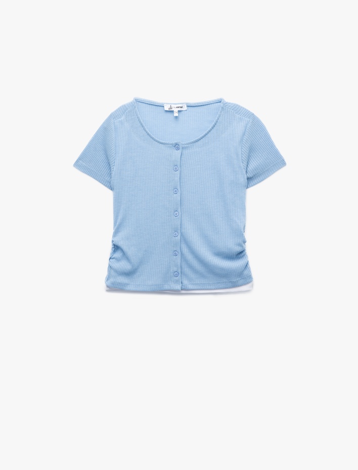  Viskon Karışımlı Düğmeli Slim Fit Kısa Kollu Bisiklet Yaka Triko Hırka