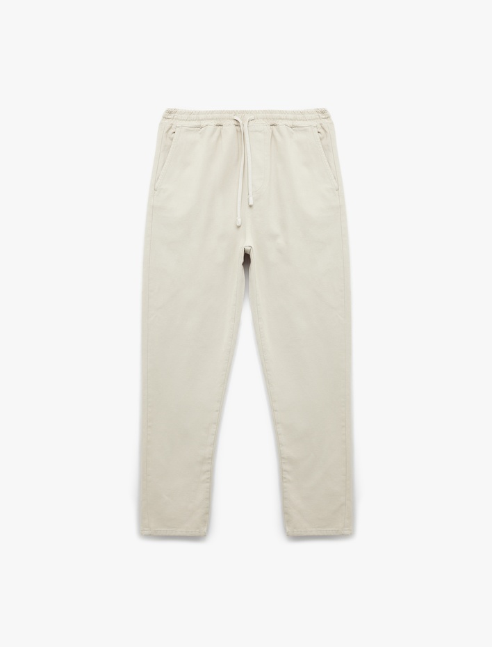  Beli Bağcıklı Pamuklu Cep Detaylı Kanvas Chino Pantolon