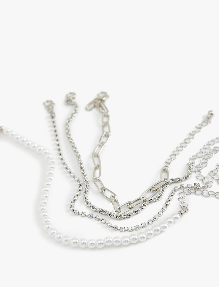 Kadın Taşlı İnci Detaylı 4'lü Zincir Bileklik Seti