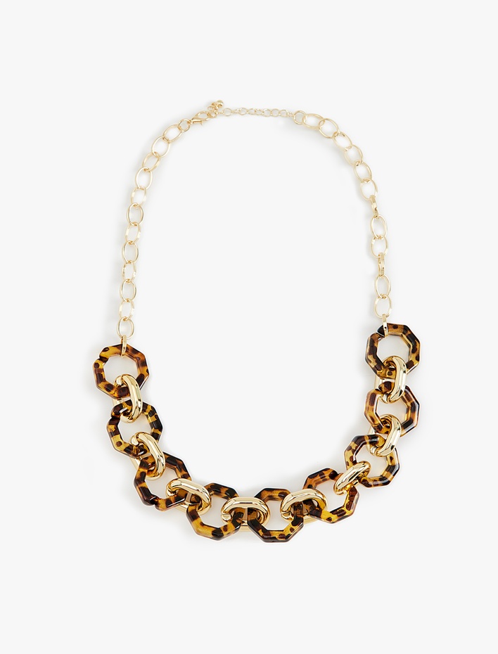 Kadın Leoparlı Geometrik Detaylı Zincir Kolye