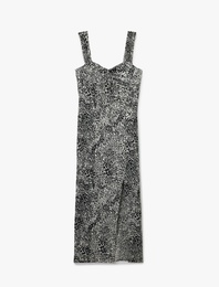 Bürümcük Kalın Askılı Bodycon Yırtmaç Detaylı Kolsuz Uzun Leopar Elbise