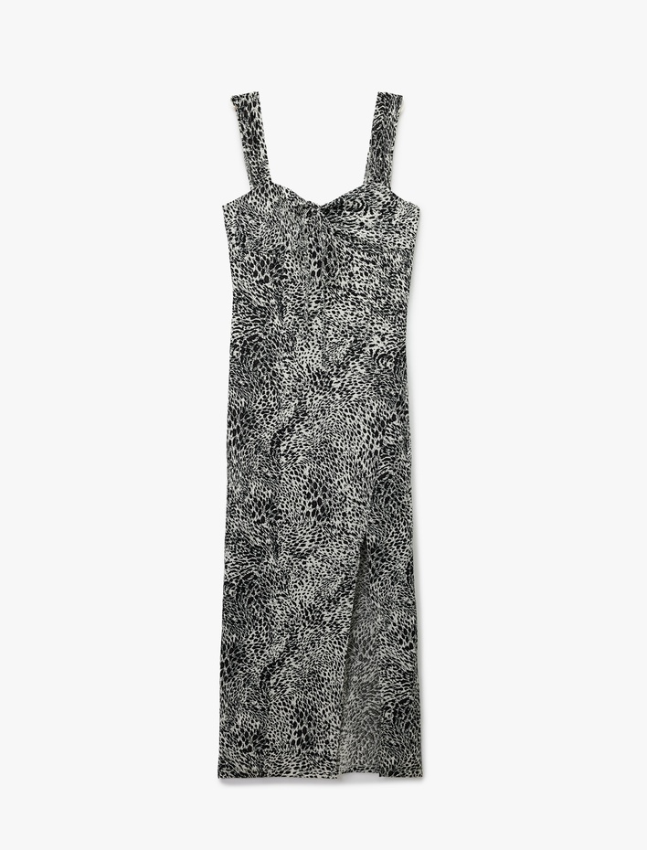  Bürümcük Kalın Askılı Bodycon Yırtmaç Detaylı Kolsuz Uzun Leopar Elbise