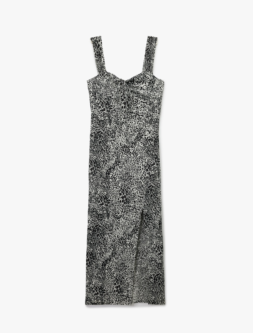   Bürümcük Kalın Askılı Bodycon Yırtmaç Detaylı Kolsuz Uzun Leopar Elbise