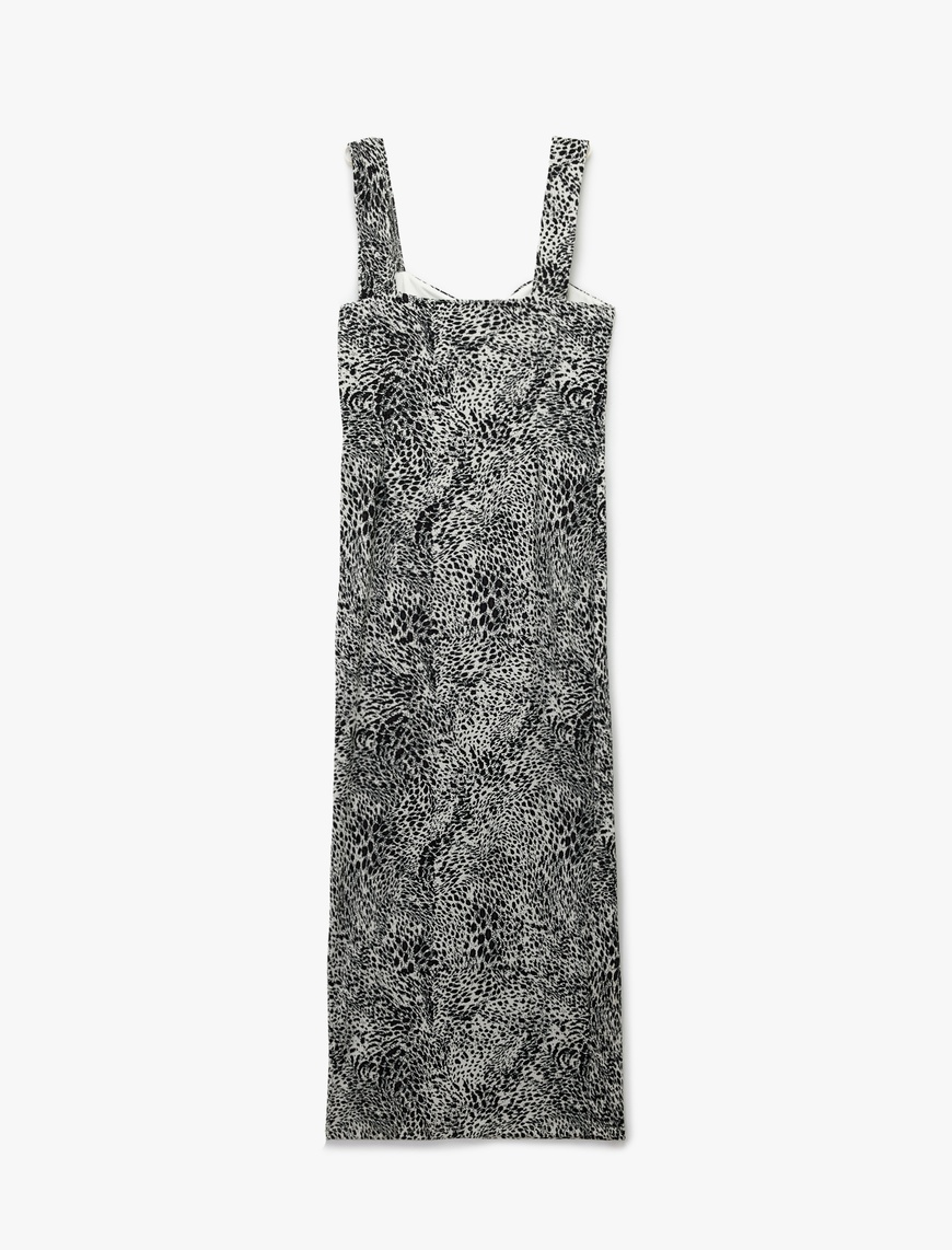   Bürümcük Kalın Askılı Bodycon Yırtmaç Detaylı Kolsuz Uzun Leopar Elbise