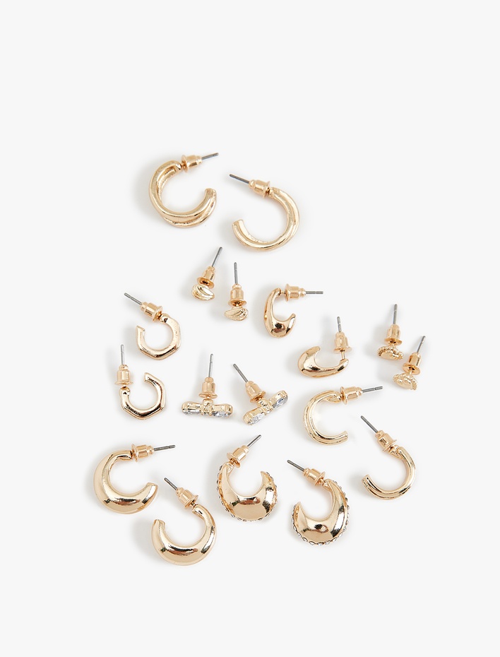 Kadın Taş Detaylı 9'lu Top ve Halka Küpe Seti