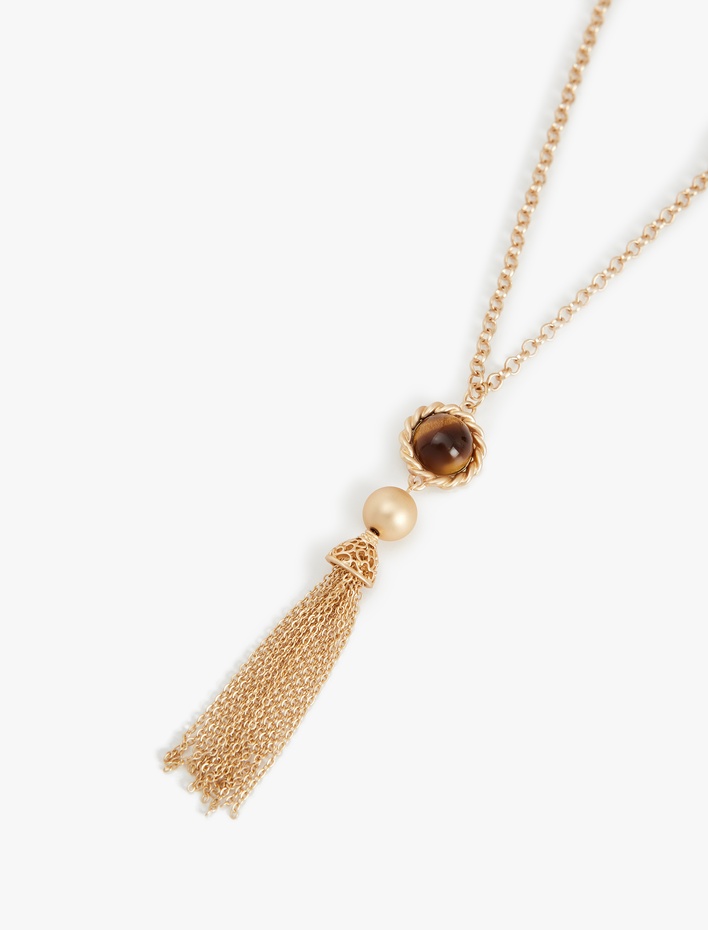 Kadın Zincir Püskül Detaylı Taşlı Çelik Kolye