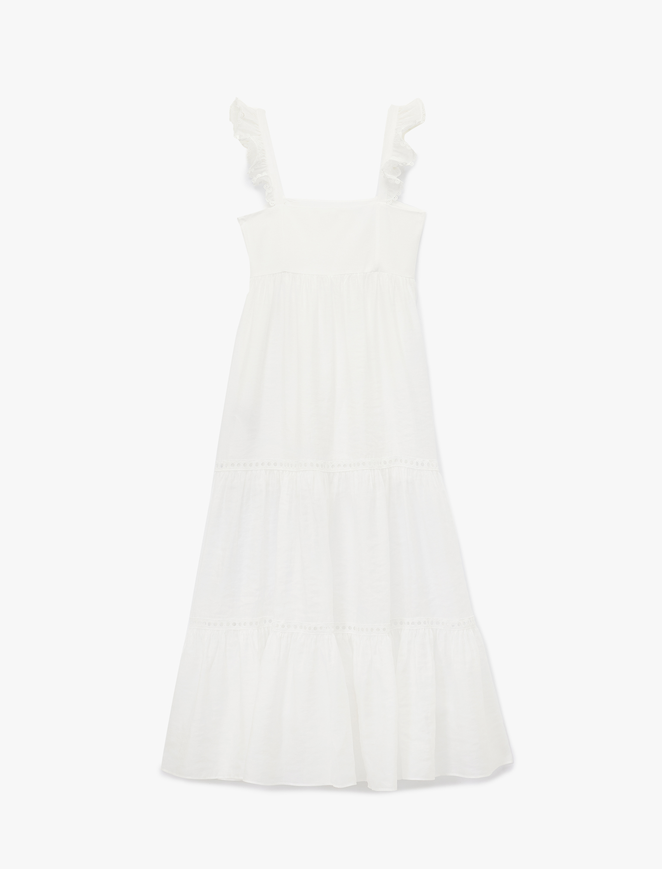   Astarlı Fırfırlı Kare Yaka Fistolu Brode Detaylı Uzun Askılı Elbise