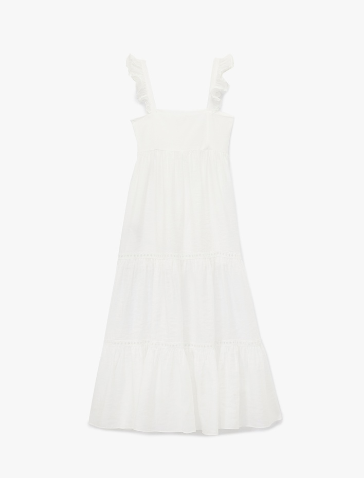  Astarlı Fırfırlı Kare Yaka Fistolu Brode Detaylı Uzun Askılı Elbise