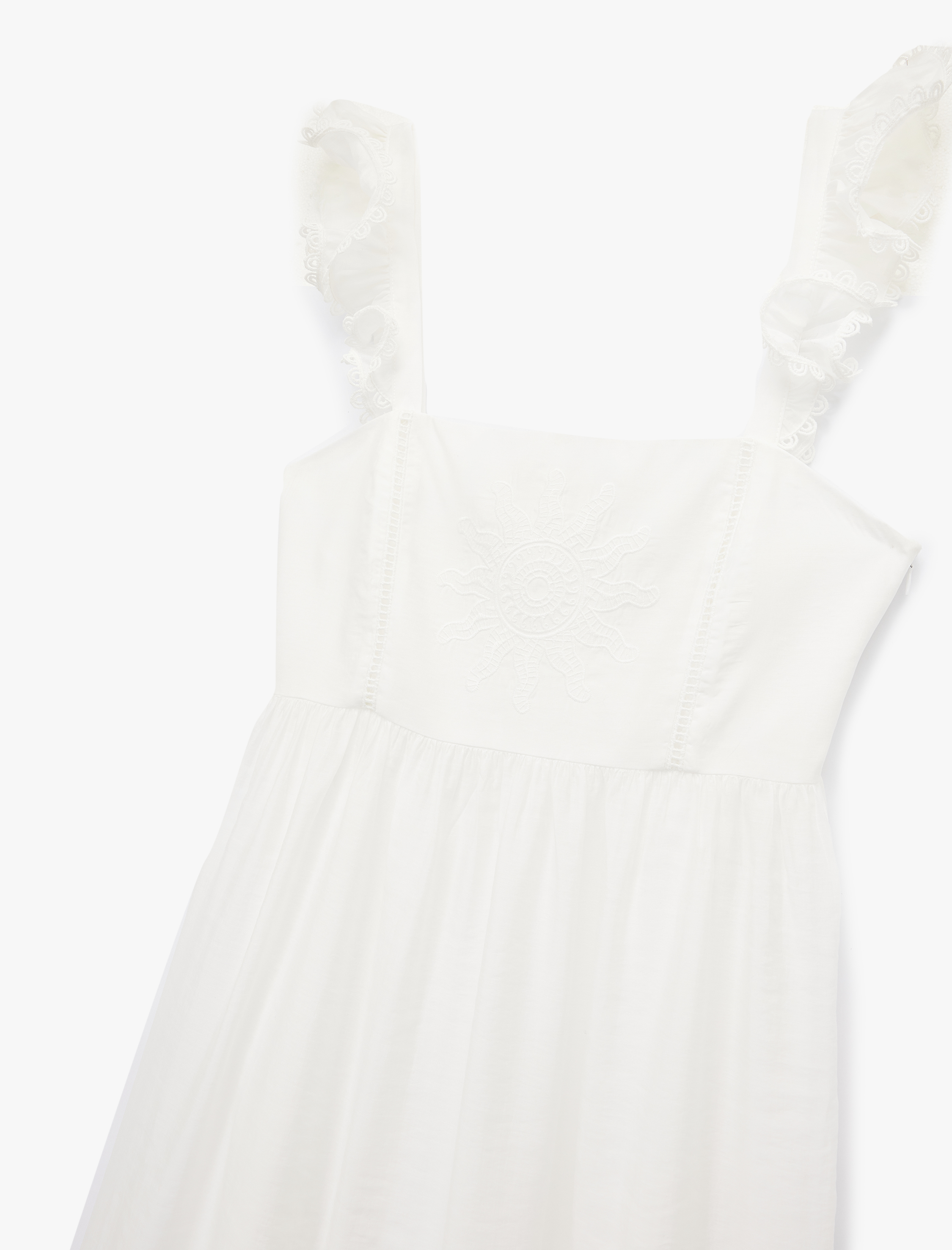   Astarlı Fırfırlı Kare Yaka Fistolu Brode Detaylı Uzun Askılı Elbise