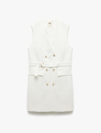 Kolsuz Kemerli Astarlı Cep Detaylı Kruvaze Mini Blazer Elbise