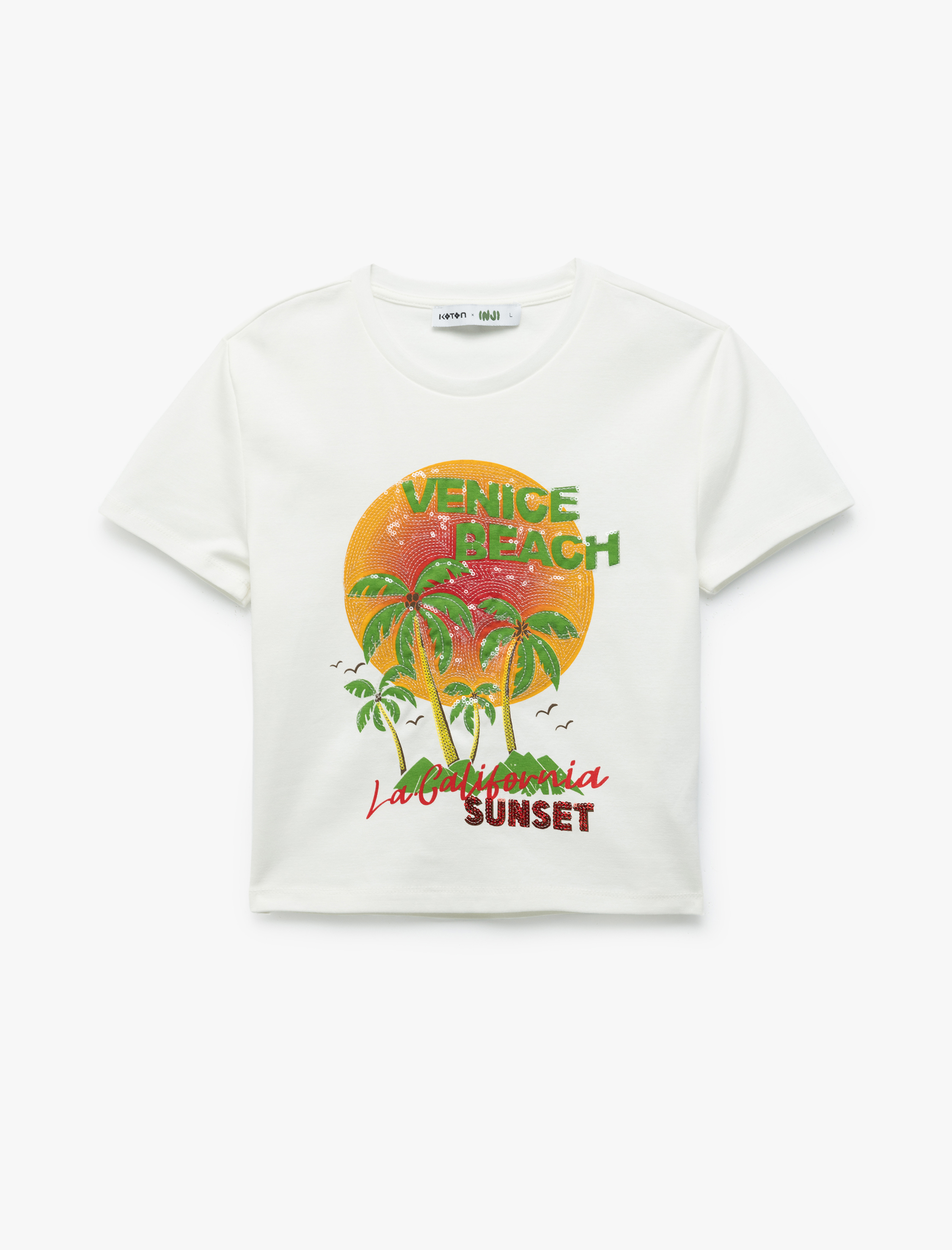   Koton X İnji - Pul Detaylı Bisiklet Yaka Kısa Kollu Crop Tişört