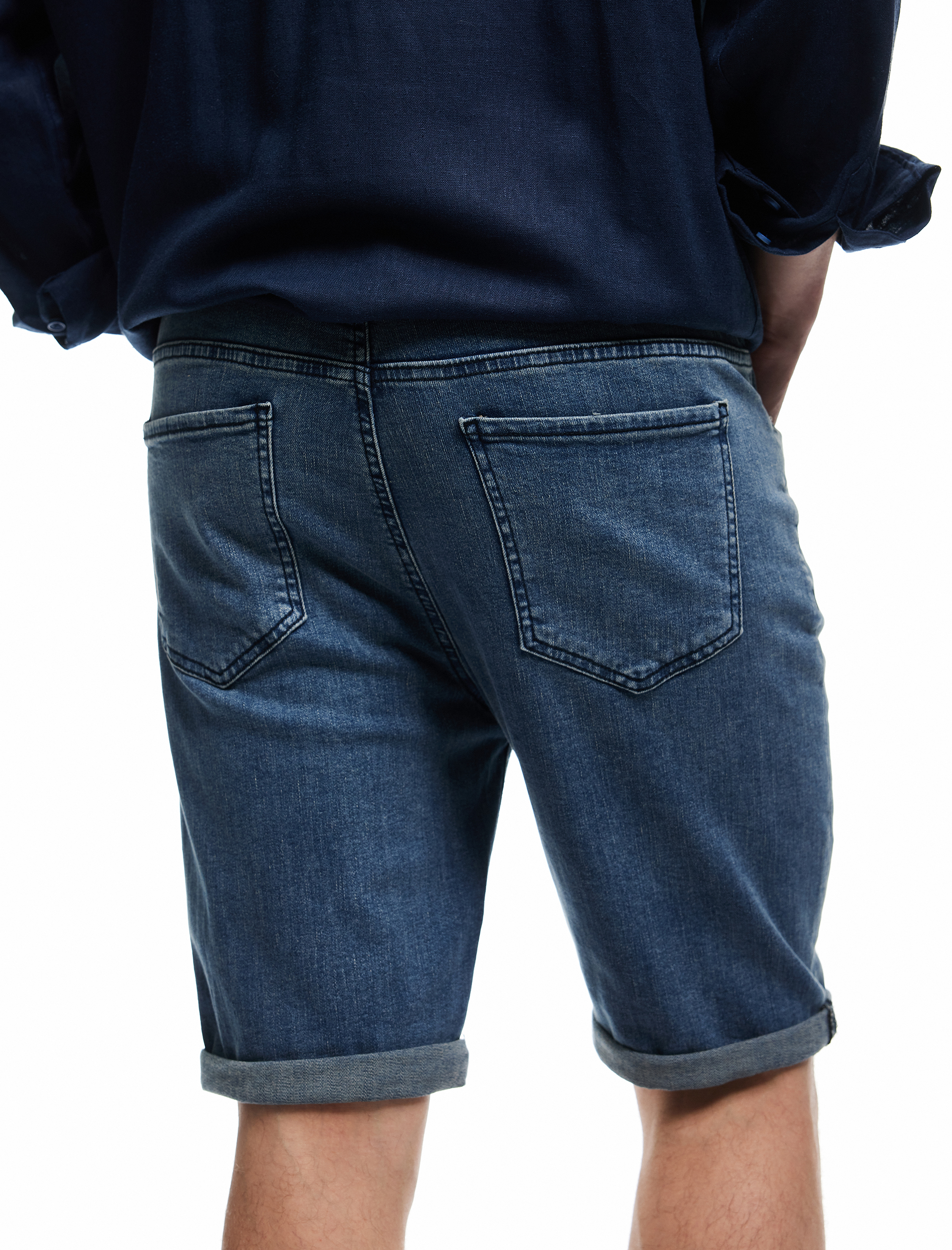   Slim Fit Kot Şort Yırtık Bermuda Cep Detaylı Katlı Paça Pamuklu