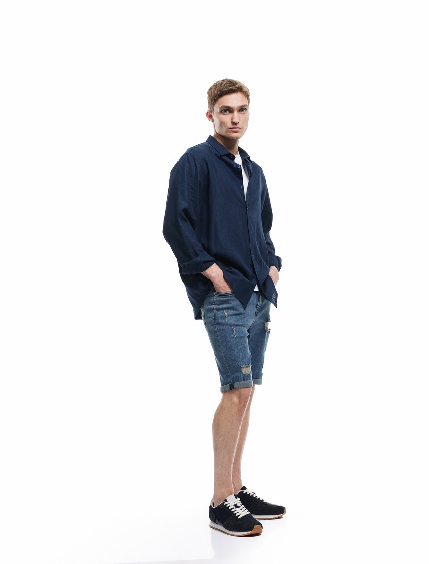   Slim Fit Kot Şort Yırtık Bermuda Cep Detaylı Katlı Paça Pamuklu