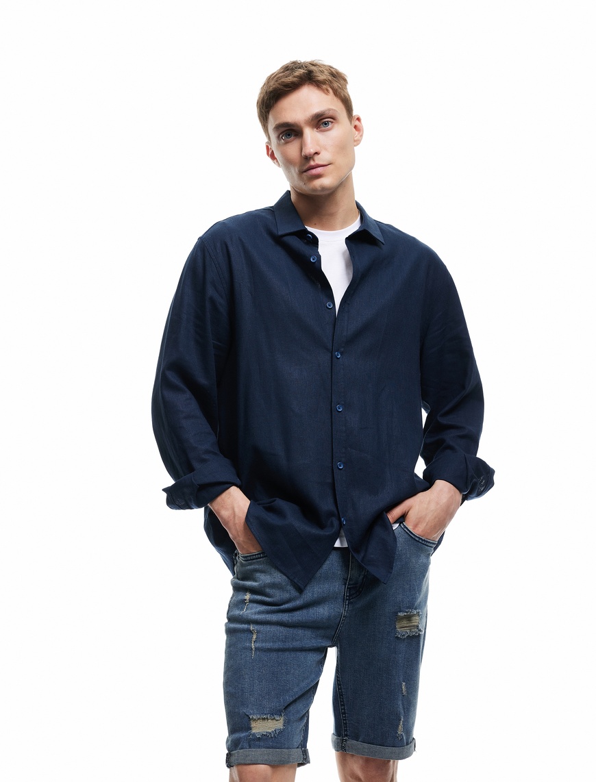   Slim Fit Kot Şort Yırtık Bermuda Cep Detaylı Katlı Paça Pamuklu