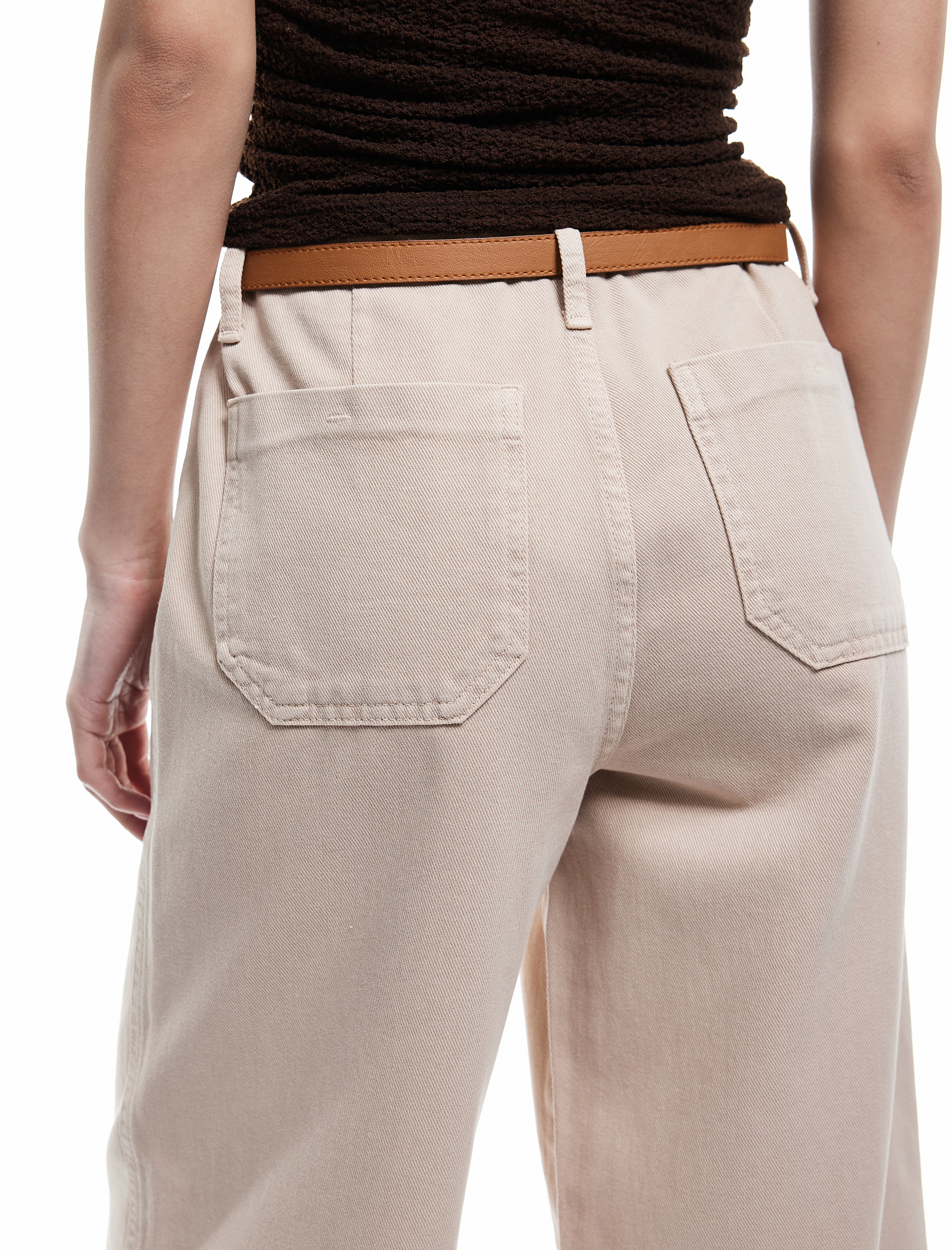   Düğmeli Kesik Geniş Paça Kemerli Pantolon - Wide Leg Jeans