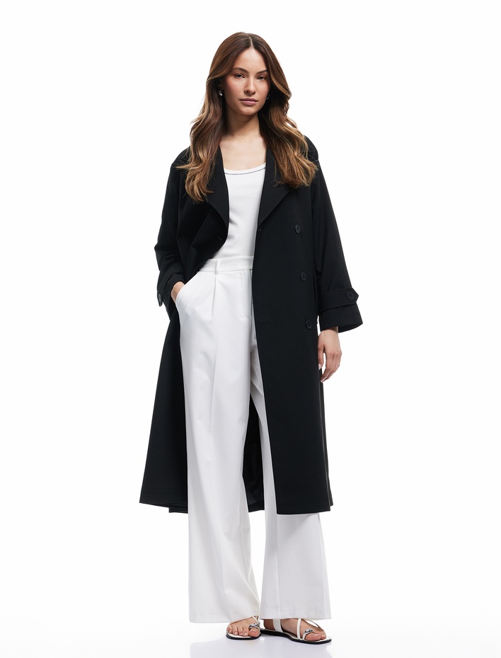  Astarlı Cepli Kemerli Uzun Kruvaze Gabardin Trençkot