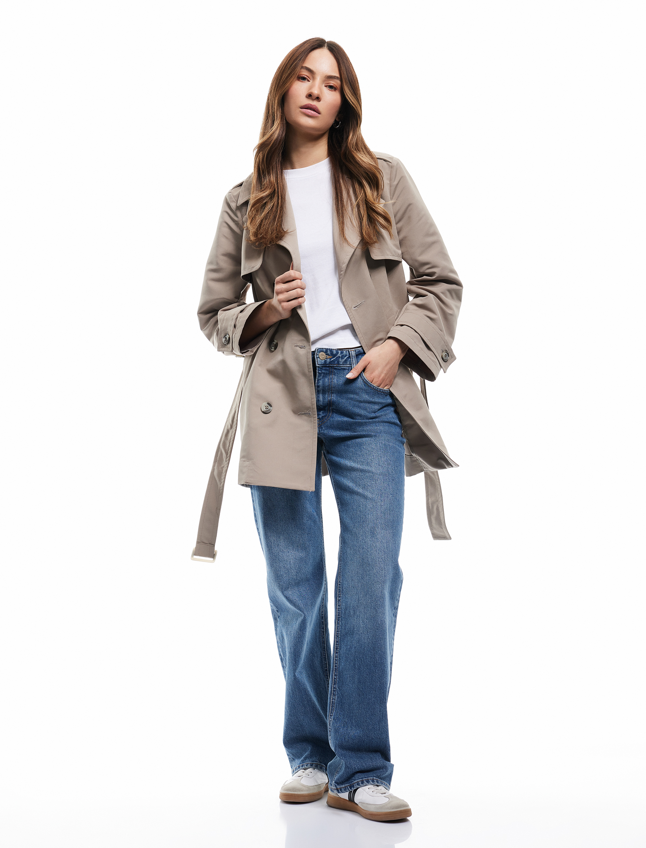   Rüzgar Kapaklı Cepli Kemerli Düğmeli Kruvaze Gabardin Trençkot