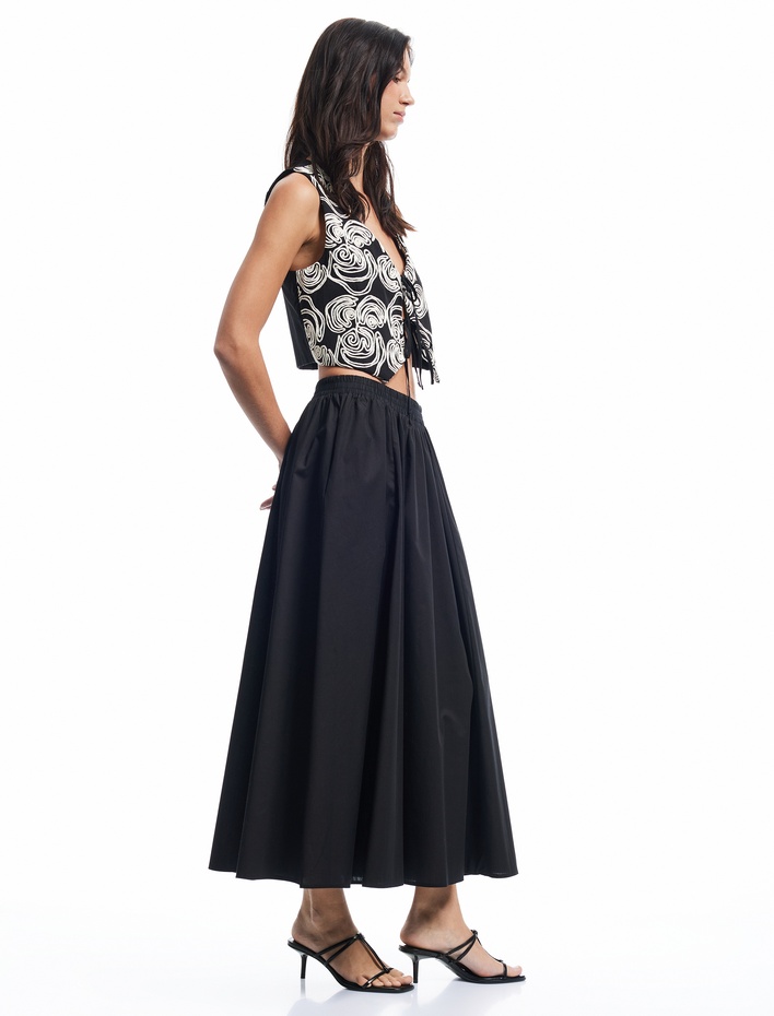  Pamuklu Poplin Kumaş Lastik Detaylı Cepli Uzun Kloş Etek