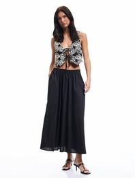 Pamuklu Poplin Kumaş Lastik Detaylı Cepli Uzun Kloş Etek