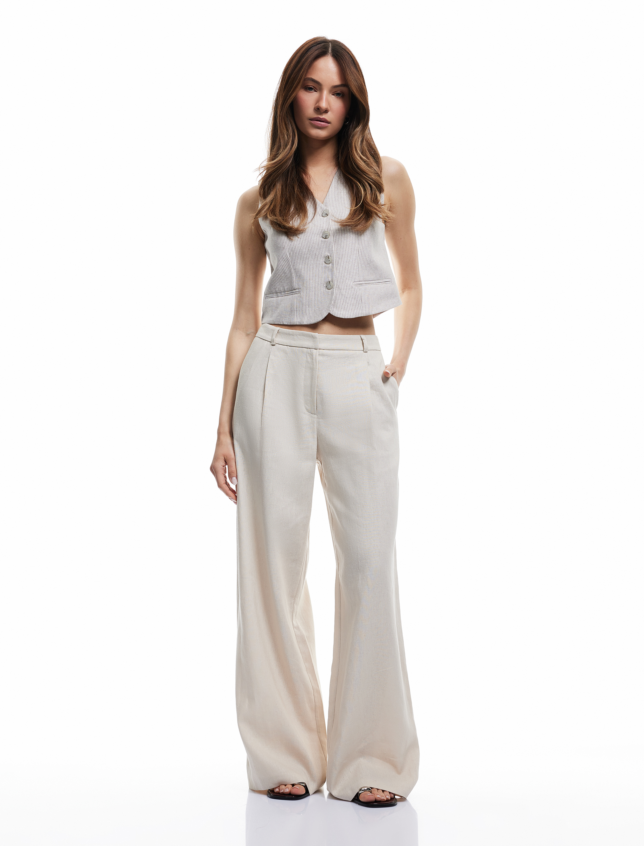   Keten Viskon Karışımlı Cepli Pile Detaylı Geniş Paça Pantolon