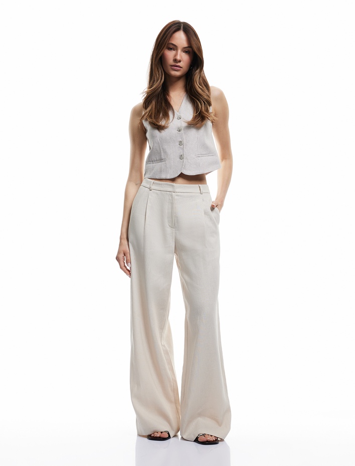  Keten Viskon Karışımlı Cepli Pile Detaylı Geniş Paça Pantolon