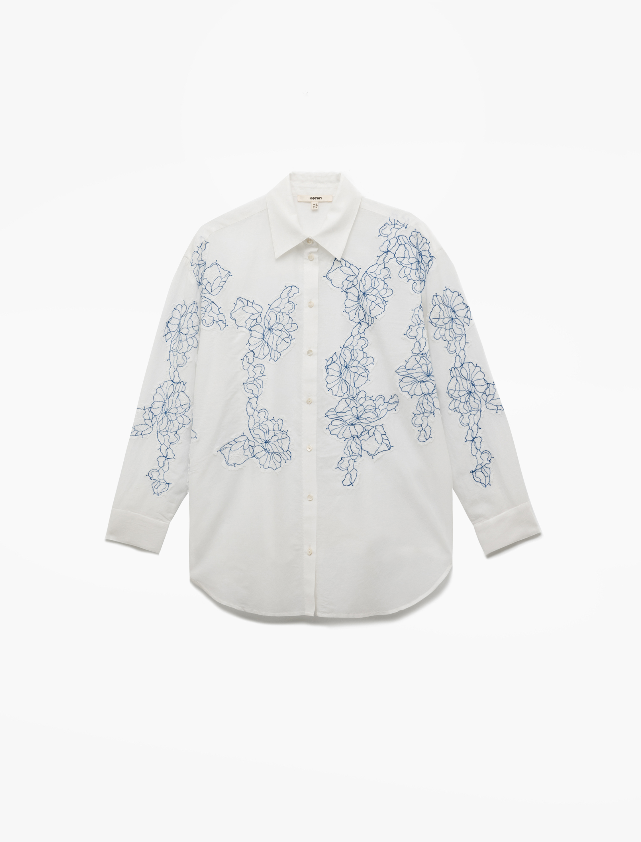   Pamuklu Uzun Kollu Gömlek Yaka İşlemeli Çiçekli Tunik