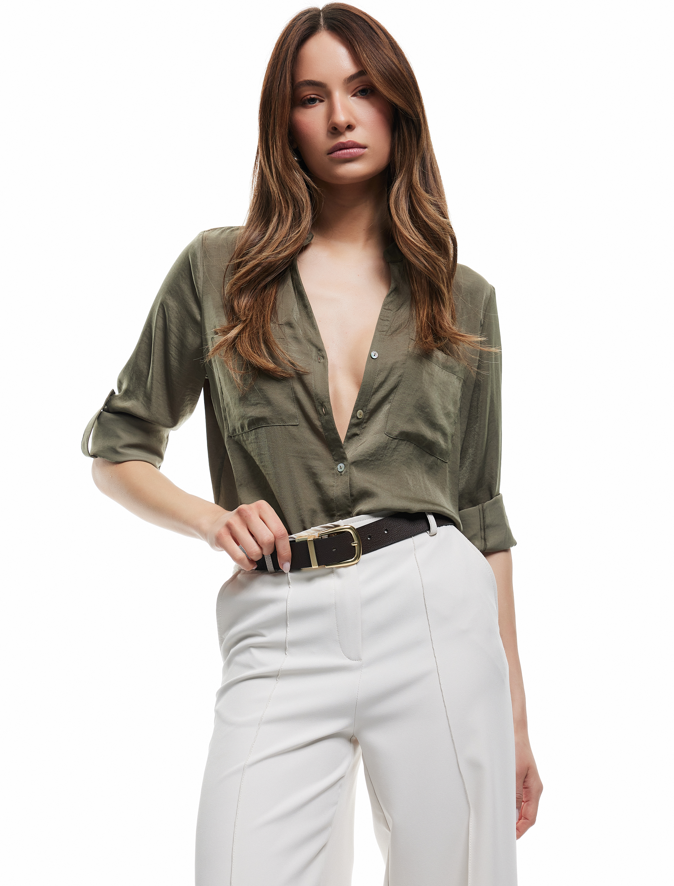   Aerobin Kumaş Cepli Katlanabilir Kol Detaylı Mandarin Yaka Saten Gömlek