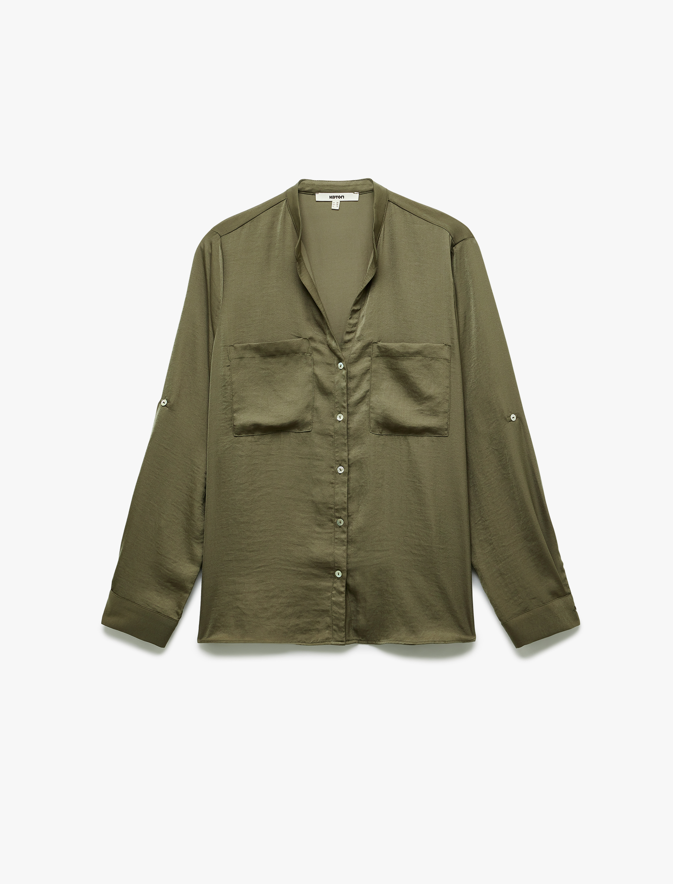   Aerobin Kumaş Cepli Katlanabilir Kol Detaylı Mandarin Yaka Saten Gömlek